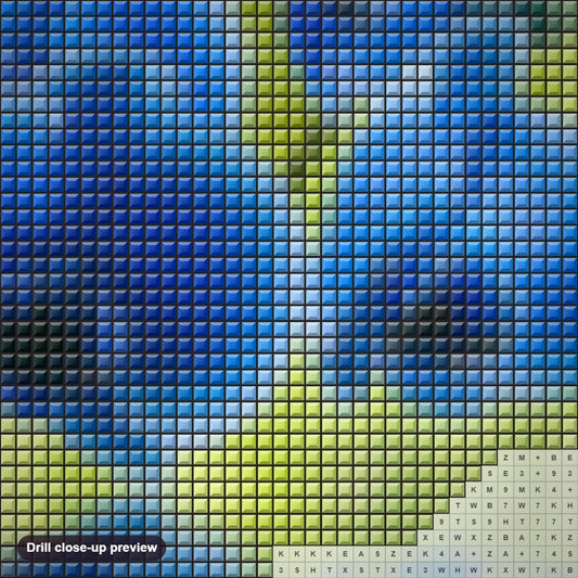 Close-up preview of the Beautiful Blue Orchids diamond painting with square 5D drills and printed canvas symbols