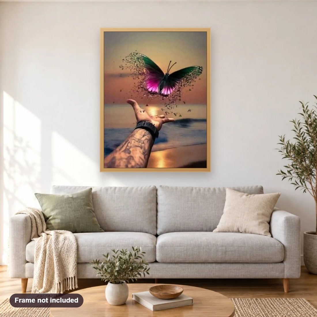 Beautiful Butterfly Freed to Fly diamond painting shown framed on a living room wall above a sofa