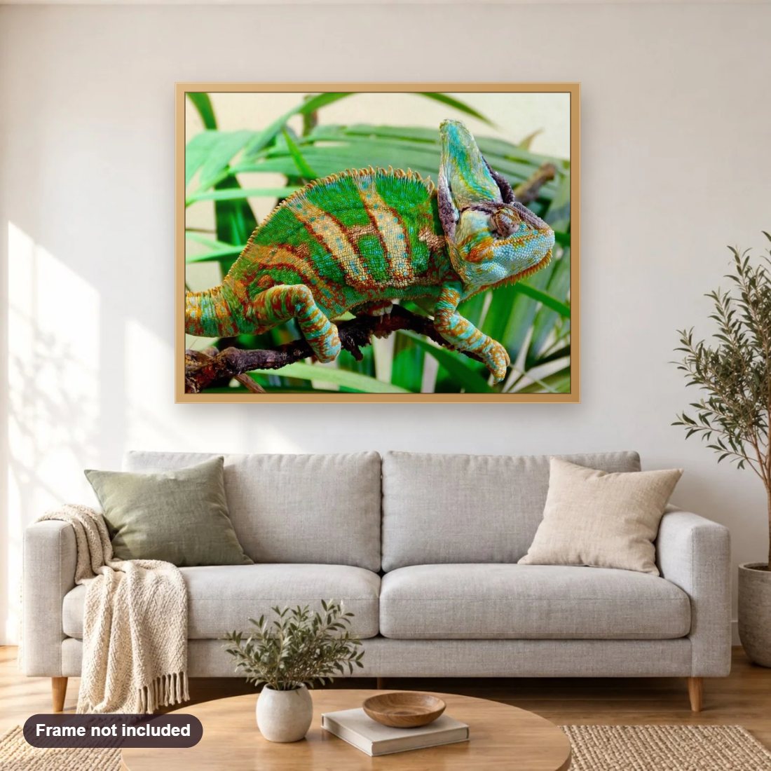 Beautiful Chameleon diamond painting shown framed on a living room wall above a sofa