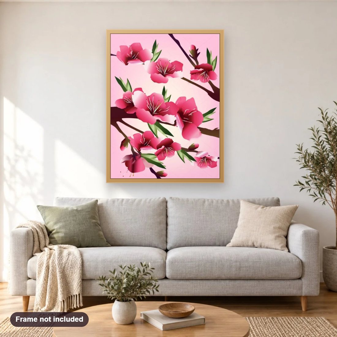 Beautiful Cherry Blossoms diamond painting shown framed on a living room wall above a sofa