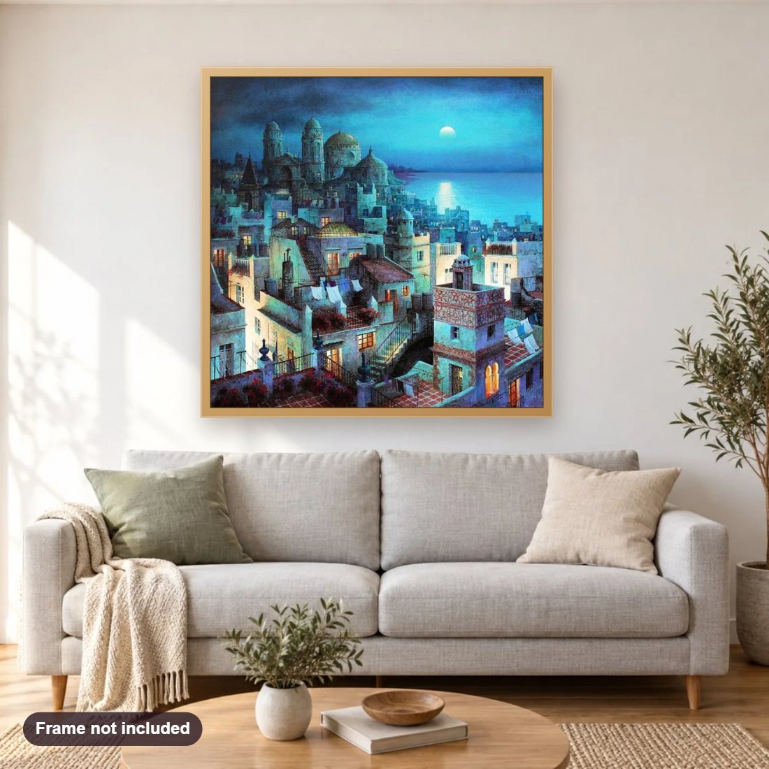 Beautiful City View at Night diamond painting shown framed on a living room wall above a sofa