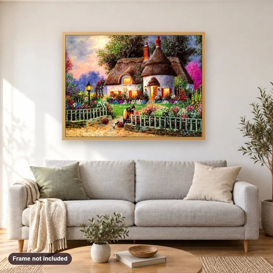 Beautiful Cottage by Dennis Lewan diamond painting shown framed on a living room wall above a sofa