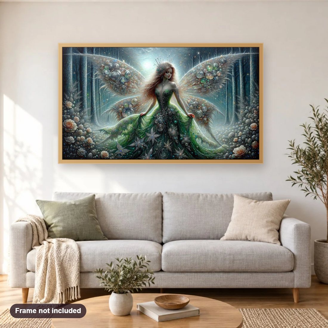 Beautiful Fairy with Large Detailed Wings diamond painting shown framed on a living room wall above a sofa