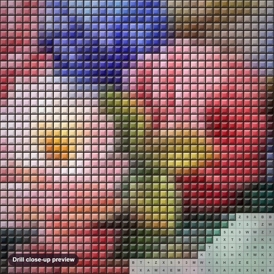 Close-up preview of the Beautiful Flower Bunch diamond painting with square 5D drills and printed canvas symbols