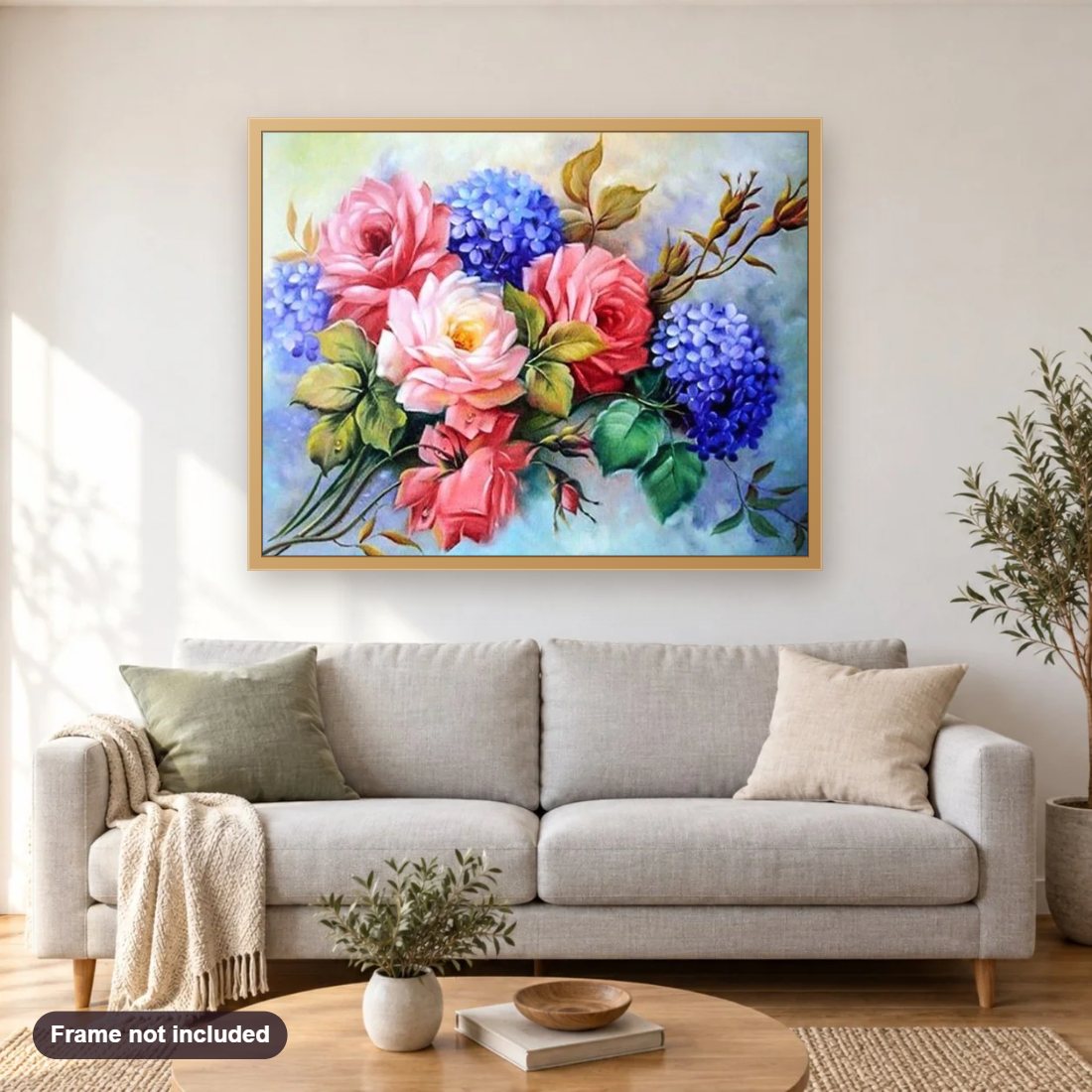 Beautiful Flower Bunch diamond painting shown framed on a living room wall above a sofa