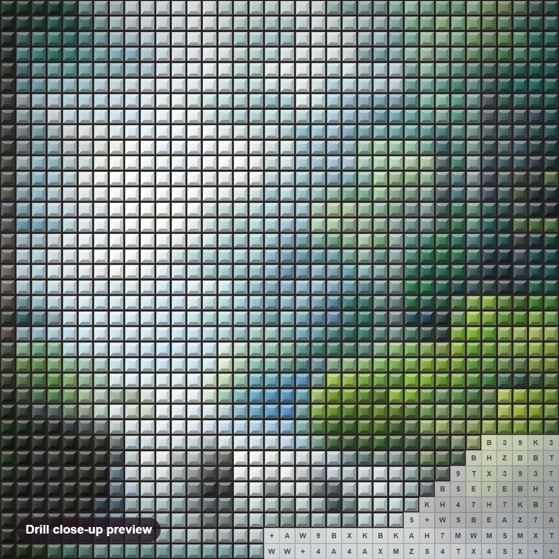 Close-up preview of the Beautiful Forest Waterfall diamond painting with square 5D drills and printed canvas symbols