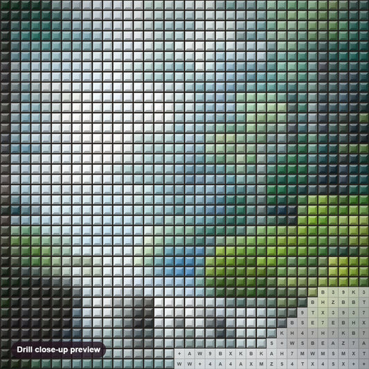 Close-up preview of the Beautiful Forest Waterfall diamond painting with square 5D drills and printed canvas symbols