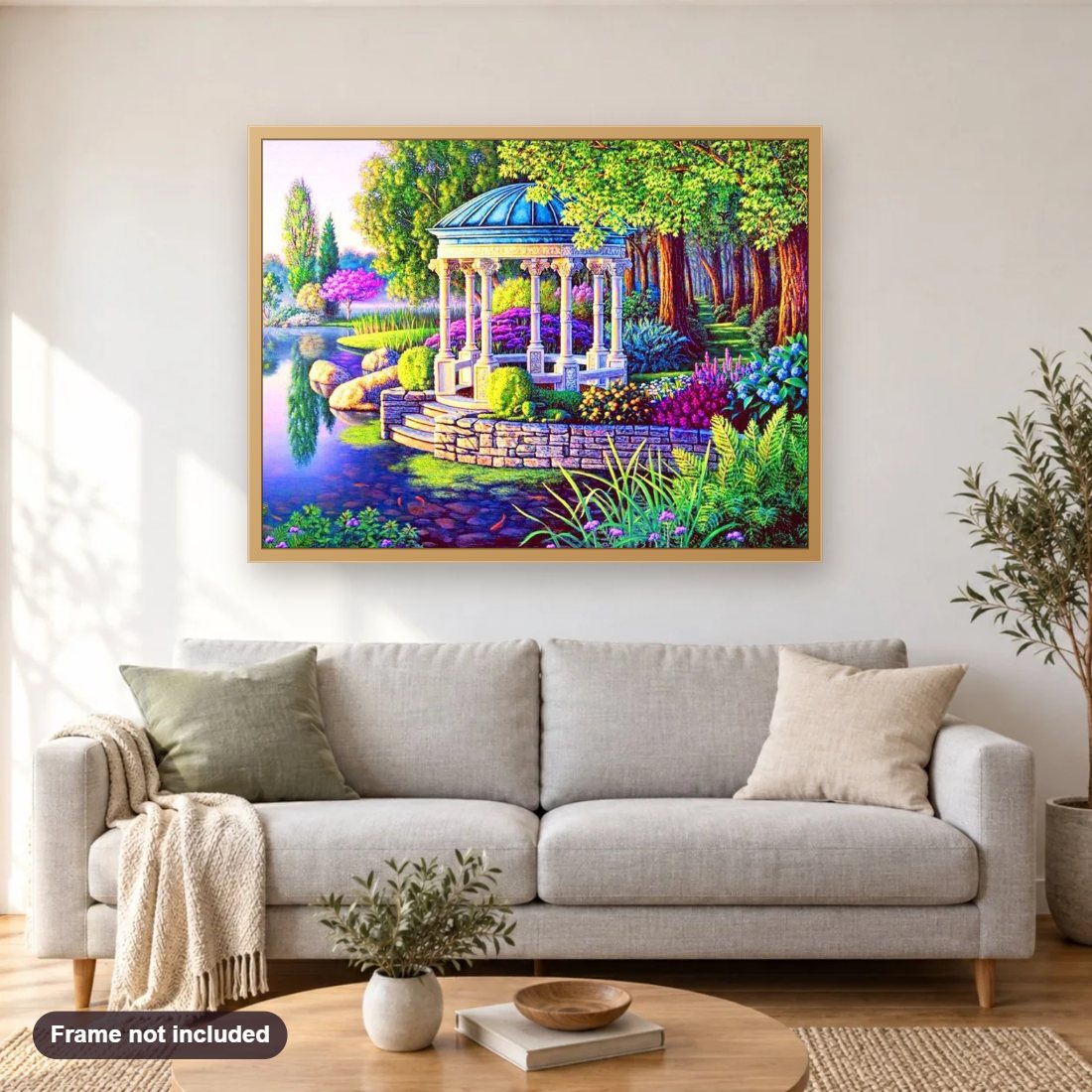 Beautiful Garden Gazebo diamond painting shown framed on a living room wall above a sofa
