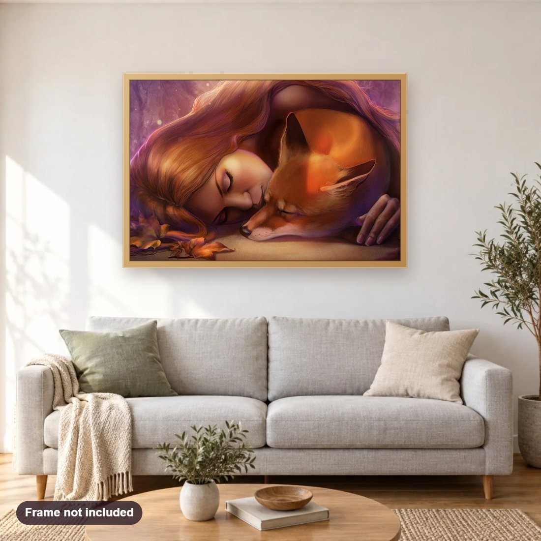 Beautiful Girl & Fox diamond painting shown framed on a living room wall above a sofa