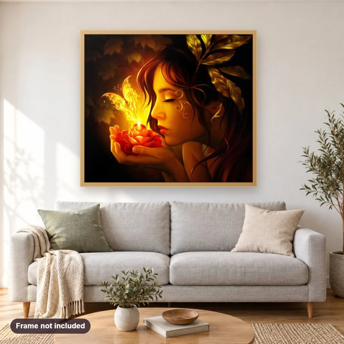 Beautiful Girl & Golden Butterfly diamond painting shown framed on a living room wall above a sofa
