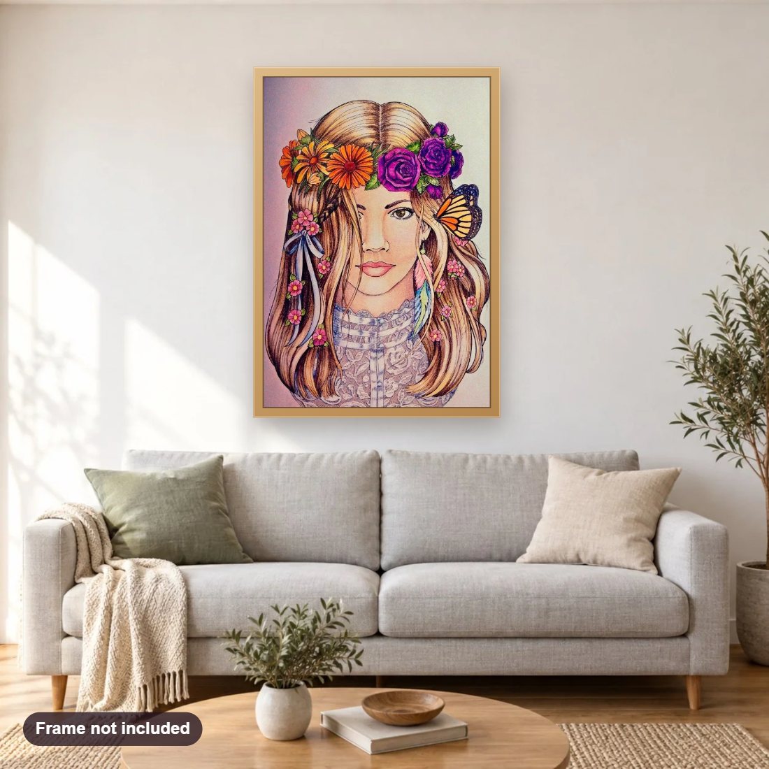 Beautiful Girl with Flowers Crown diamond painting shown framed on a living room wall above a sofa