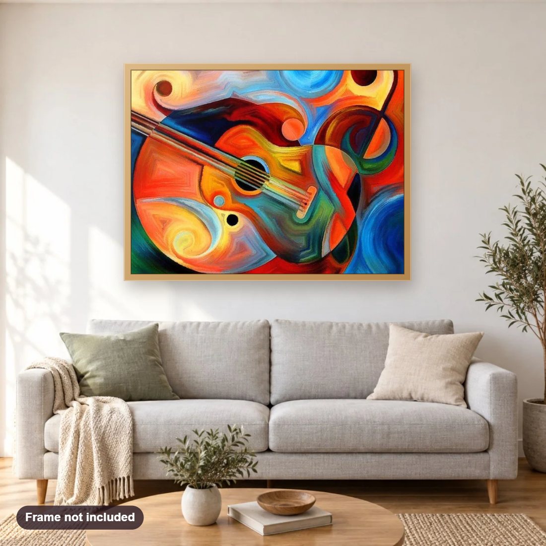 Beautiful Guitar diamond painting shown framed on a living room wall above a sofa