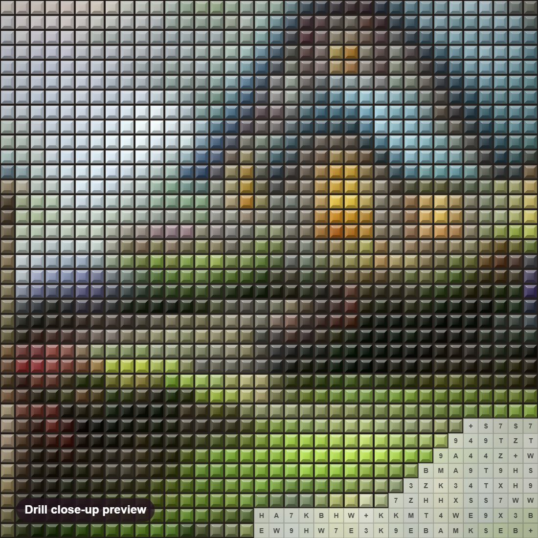 Close-up preview of the Beautiful House & Water Well in Garden diamond painting with square 5D drills and printed canvas symbols