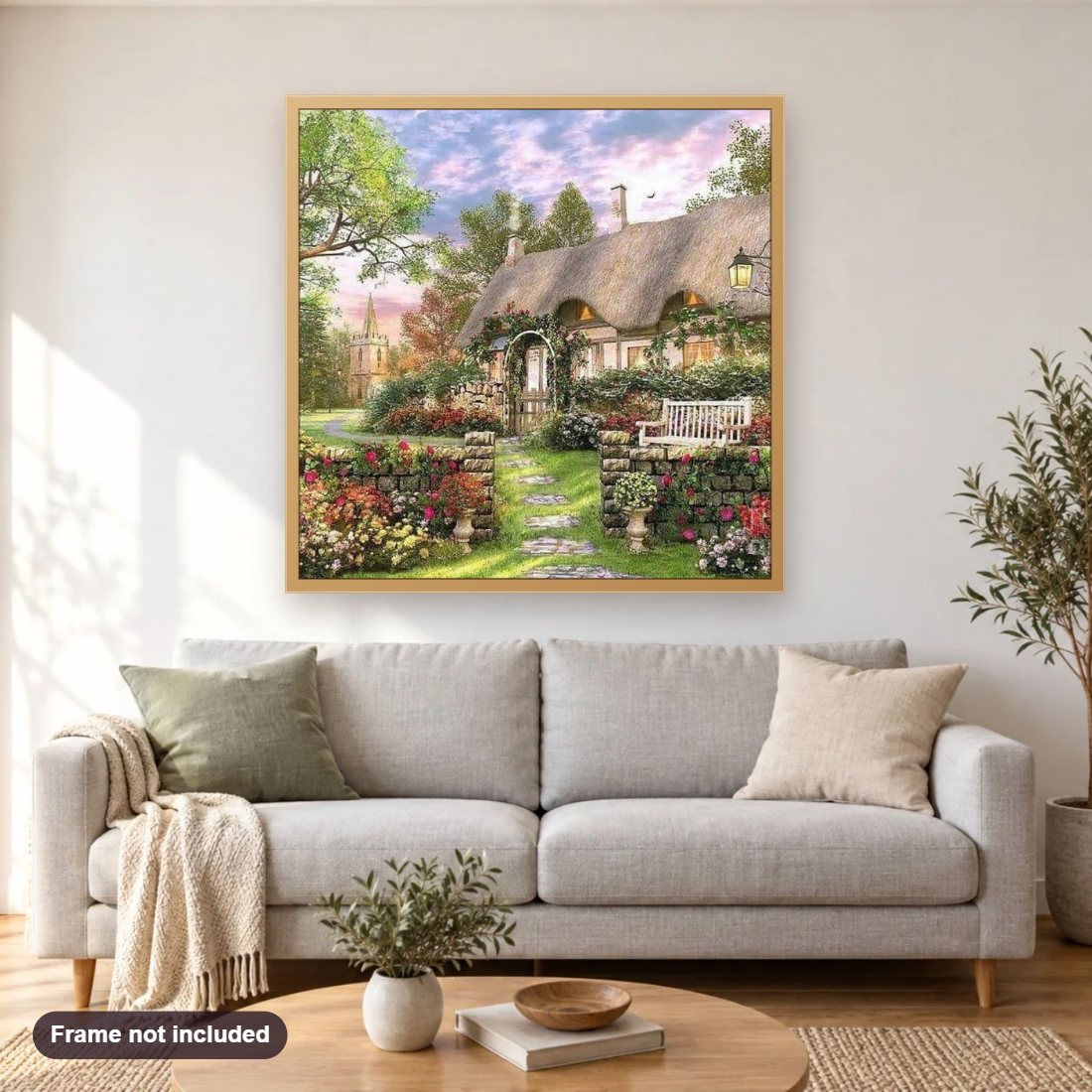 Beautiful House with Flowers Lawn diamond painting shown framed on a living room wall above a sofa