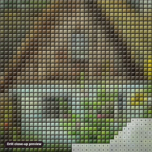 Close-up preview of the Beautiful Hut & Flowers diamond painting with square 5D drills and printed canvas symbols