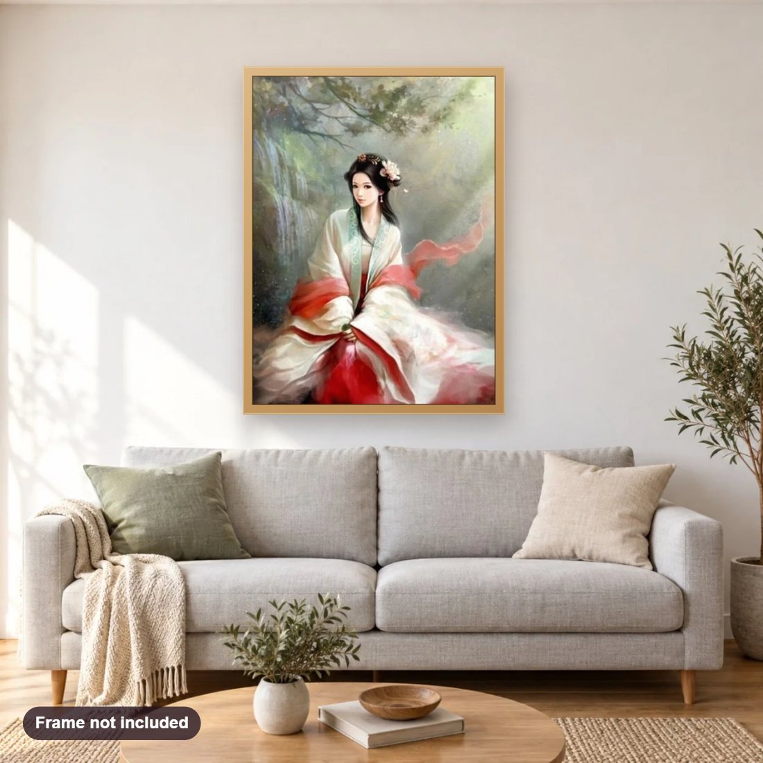 Beautiful Japanese Lady diamond painting shown framed on a living room wall above a sofa