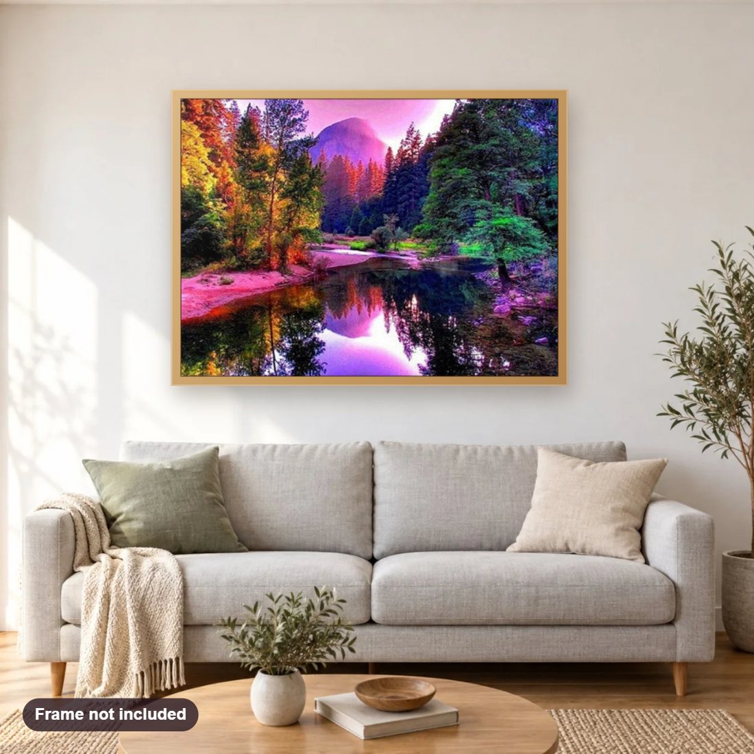 Beautiful Lake & Colorful Forest View diamond painting shown framed on a living room wall above a sofa