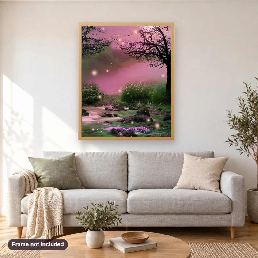 Beautiful Landscape & Fireflies diamond painting shown framed on a living room wall above a sofa