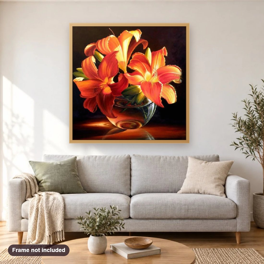 Beautiful Lilly Flowers diamond painting shown framed on a living room wall above a sofa