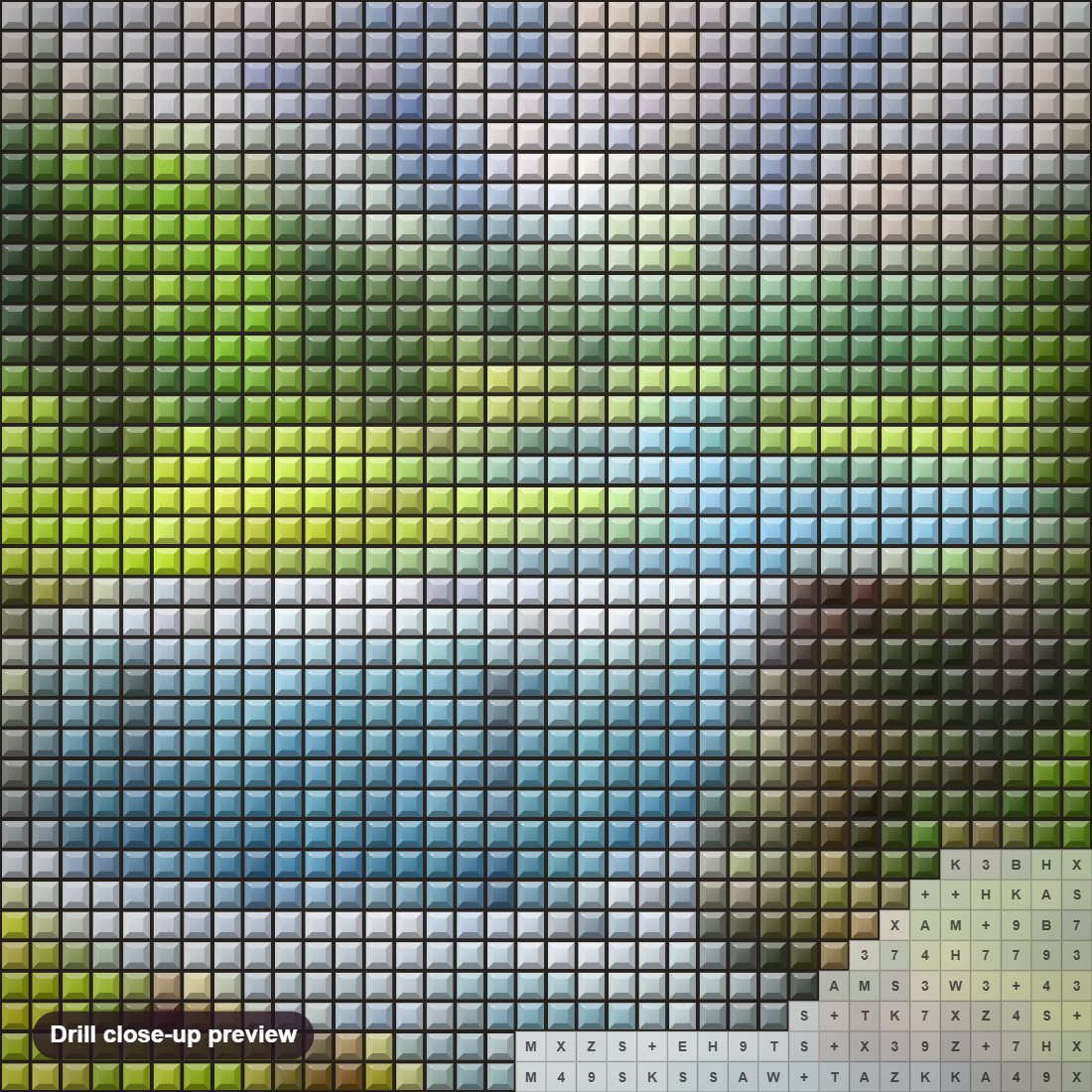 Close-up preview of the Beautiful Mountains & Flowing Water Stream diamond painting with square 5D drills and printed canvas symbols