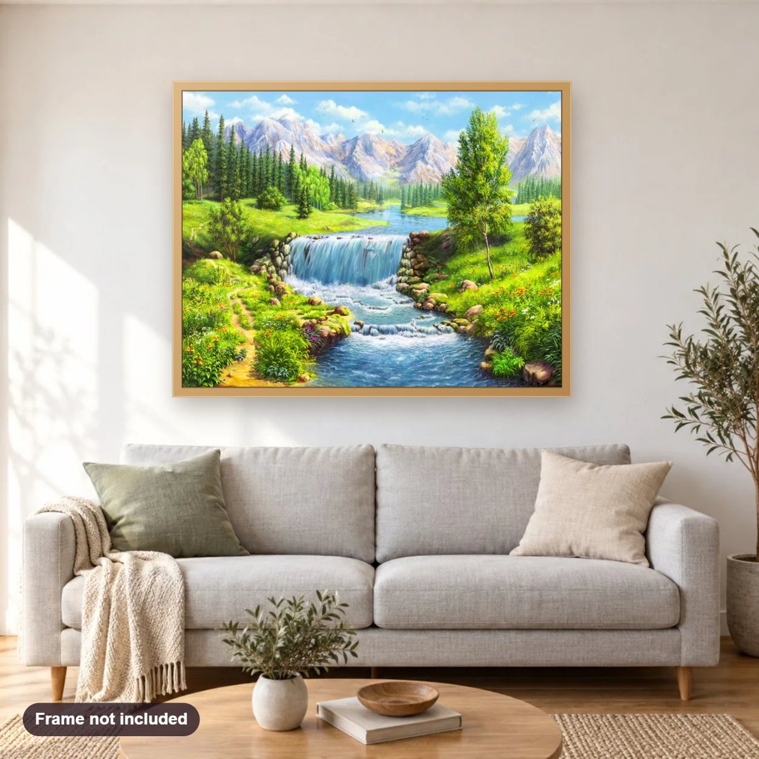 Beautiful Mountains & Flowing Water Stream diamond painting shown framed on a living room wall above a sofa