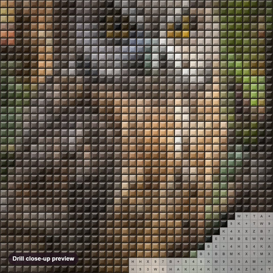 Close-up preview of the Beautiful Owl on a Tree diamond painting with square 5D drills and printed canvas symbols