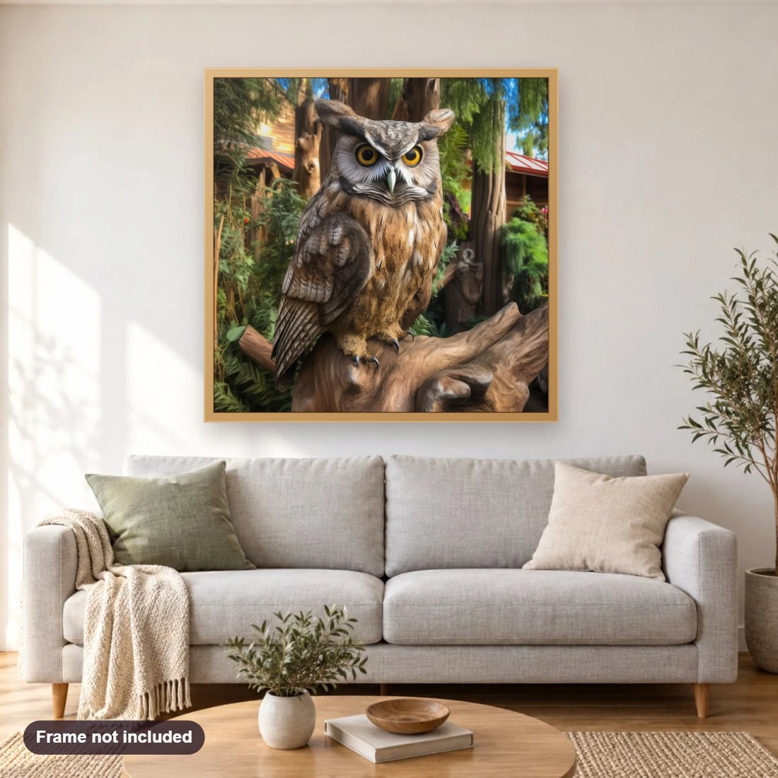 Beautiful Owl on a Tree diamond painting shown framed on a living room wall above a sofa