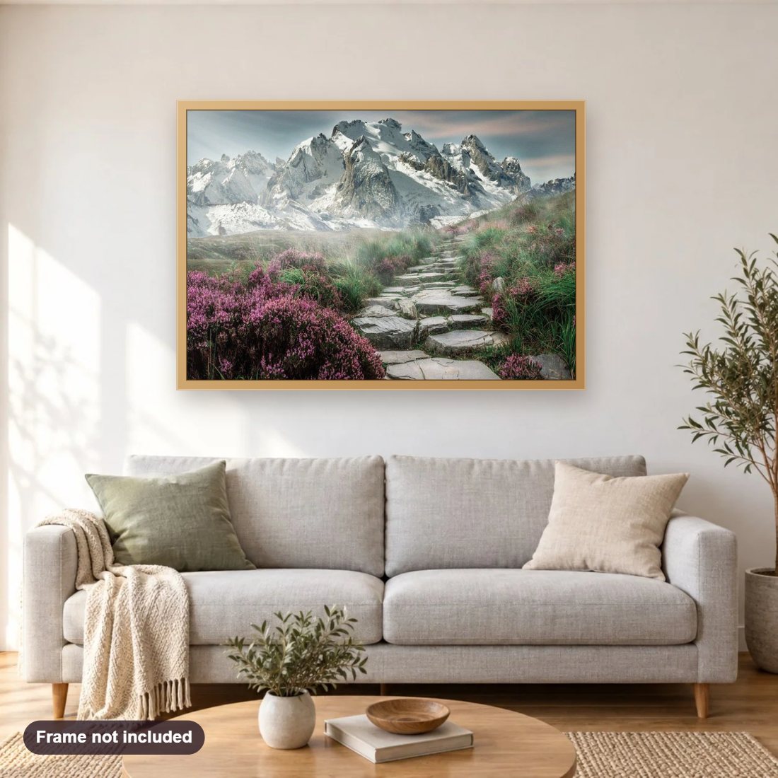 Beautiful Pathway to Mountains diamond painting shown framed on a living room wall above a sofa