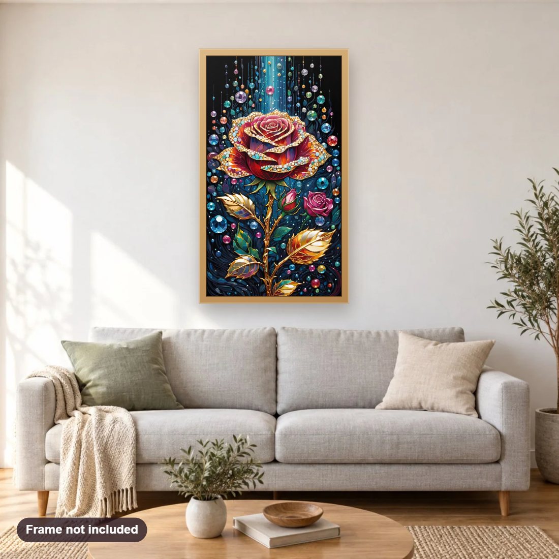 Beautiful Pearls Glass Roses diamond painting shown framed on a living room wall above a sofa