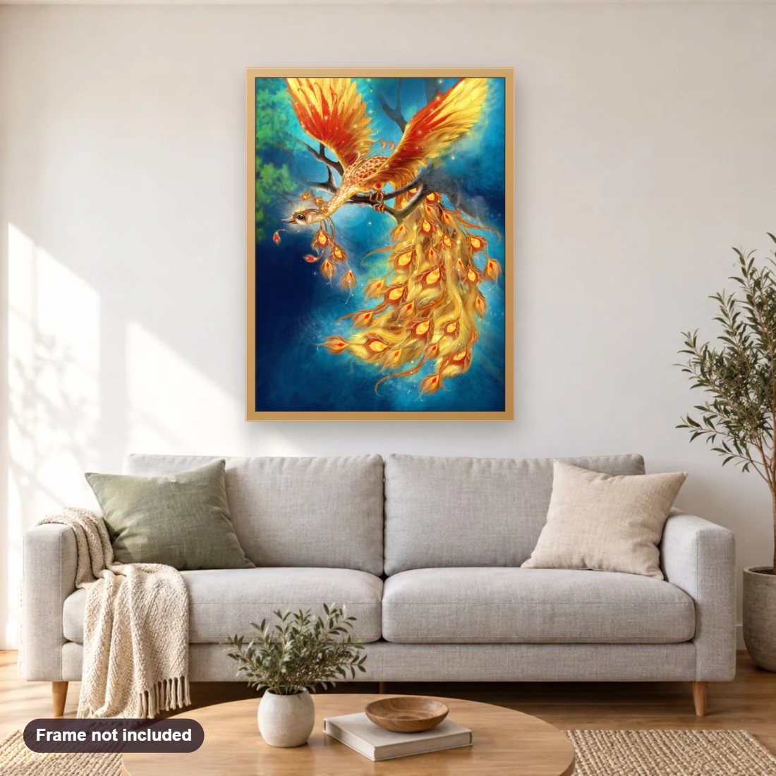 Beautiful Phoenix diamond painting shown framed on a living room wall above a sofa
