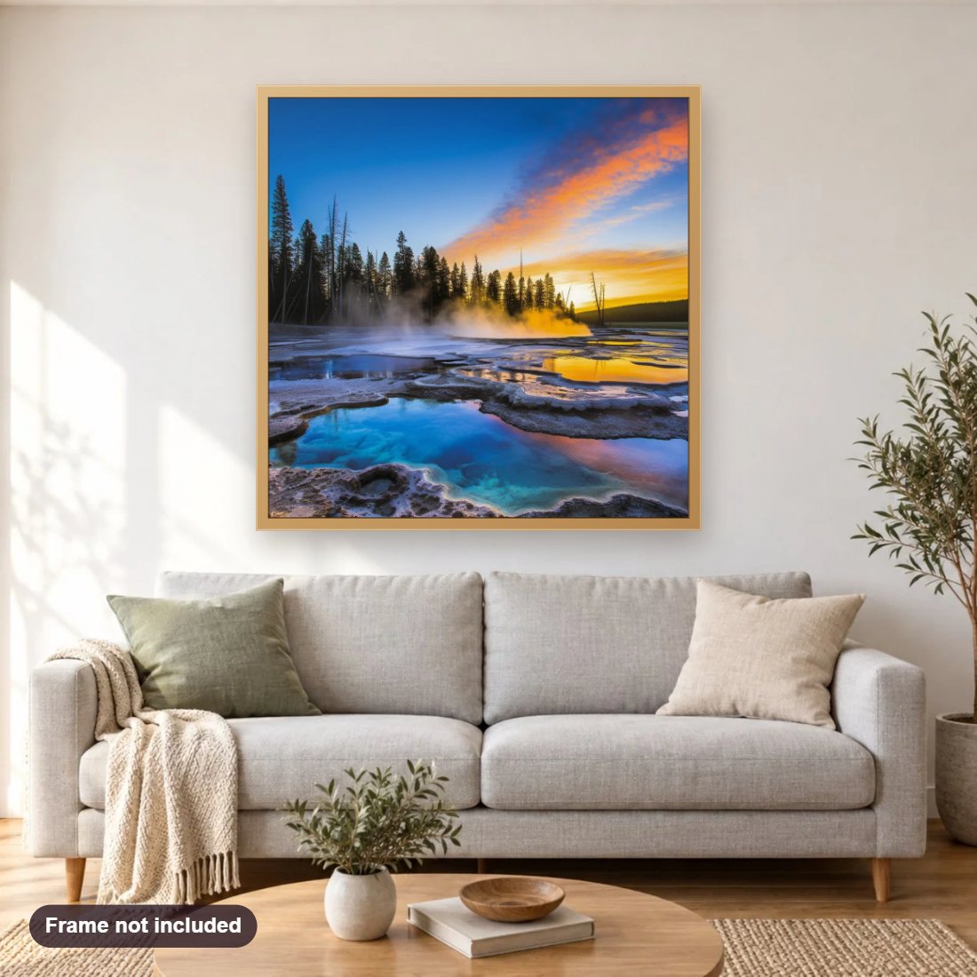 Beautiful Place by the Forest Side diamond painting shown framed on a living room wall above a sofa