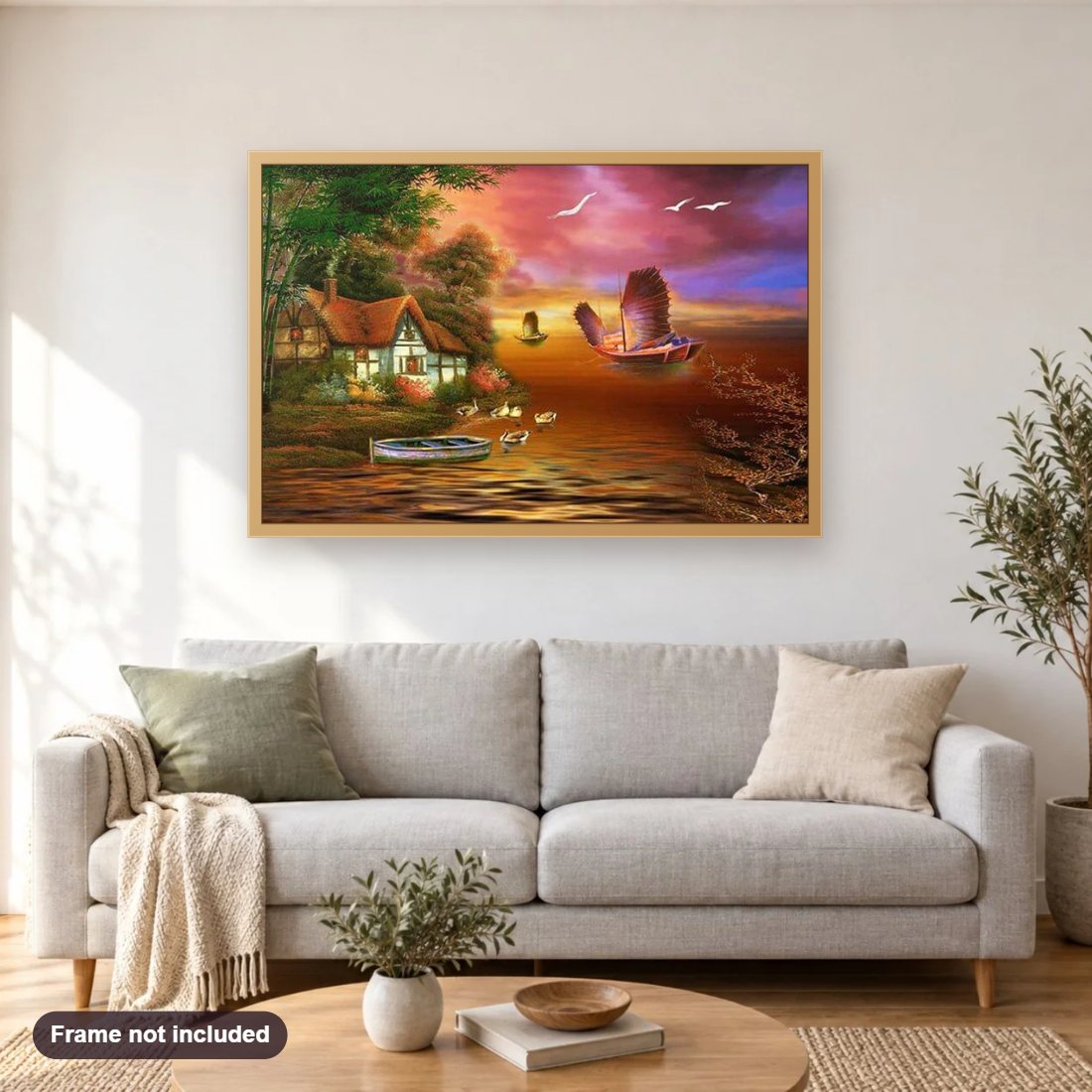 Beautiful Scenery diamond painting shown framed on a living room wall above a sofa