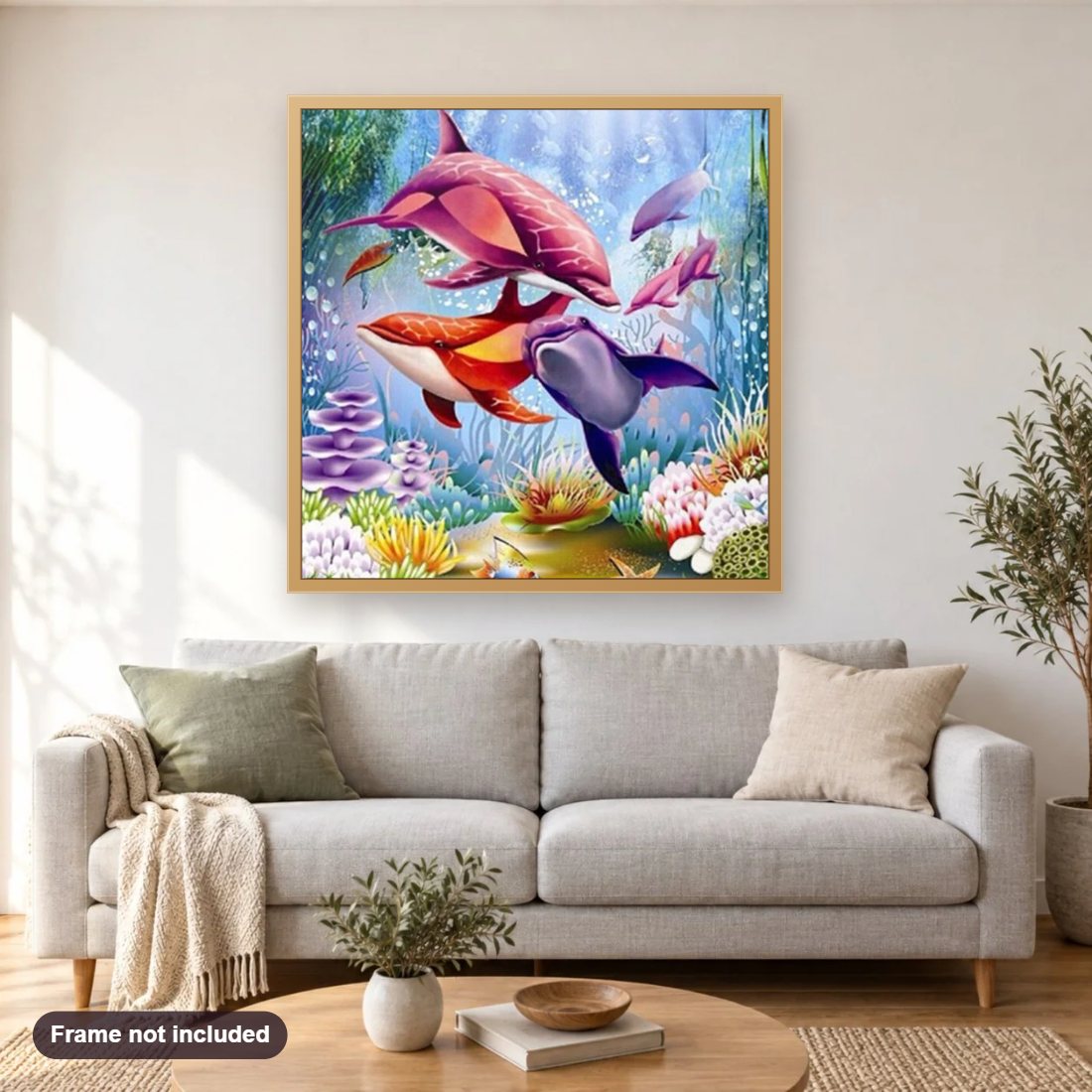 Beautiful Sea Life diamond painting shown framed on a living room wall above a sofa