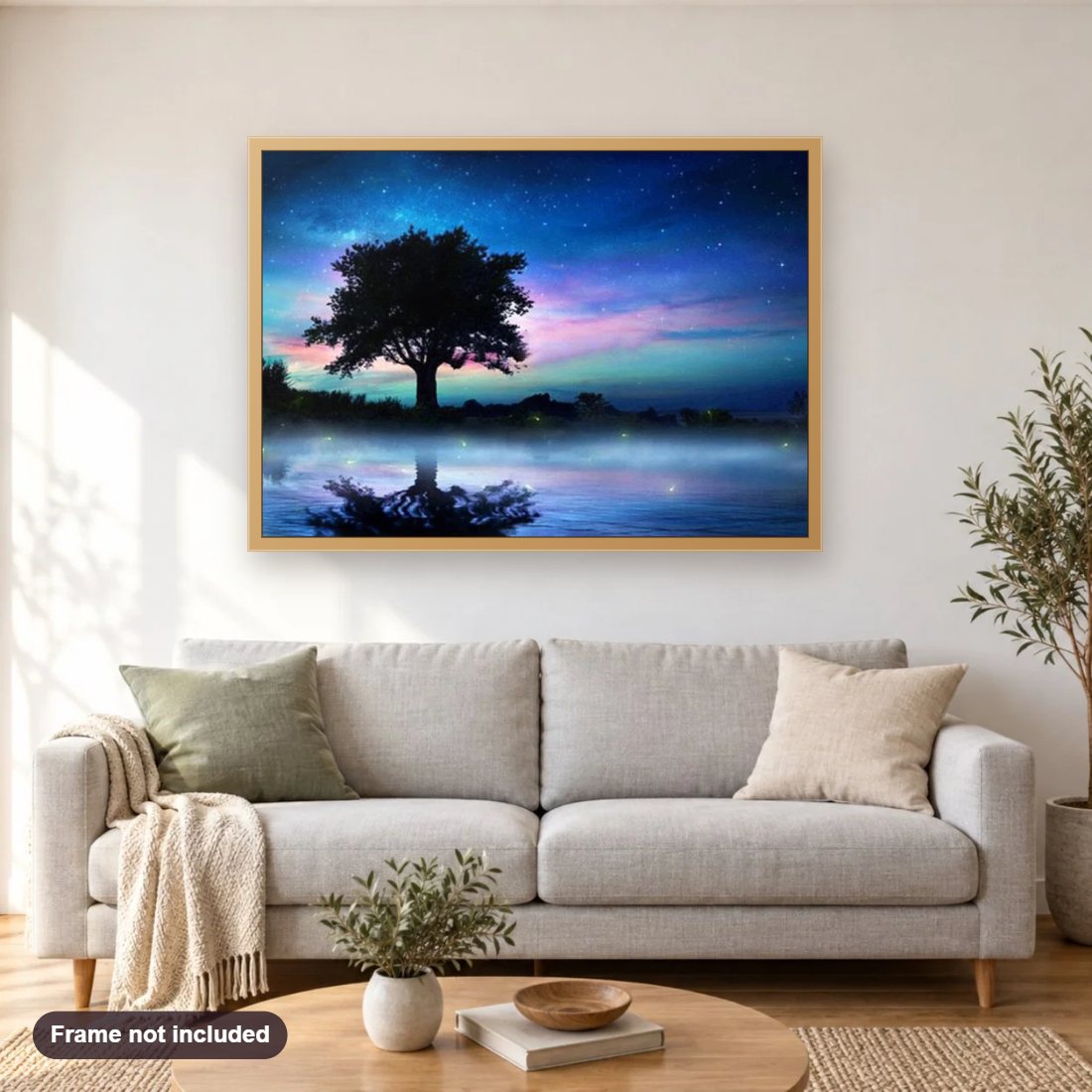 Beautiful Tree & Night Sky diamond painting shown framed on a living room wall above a sofa