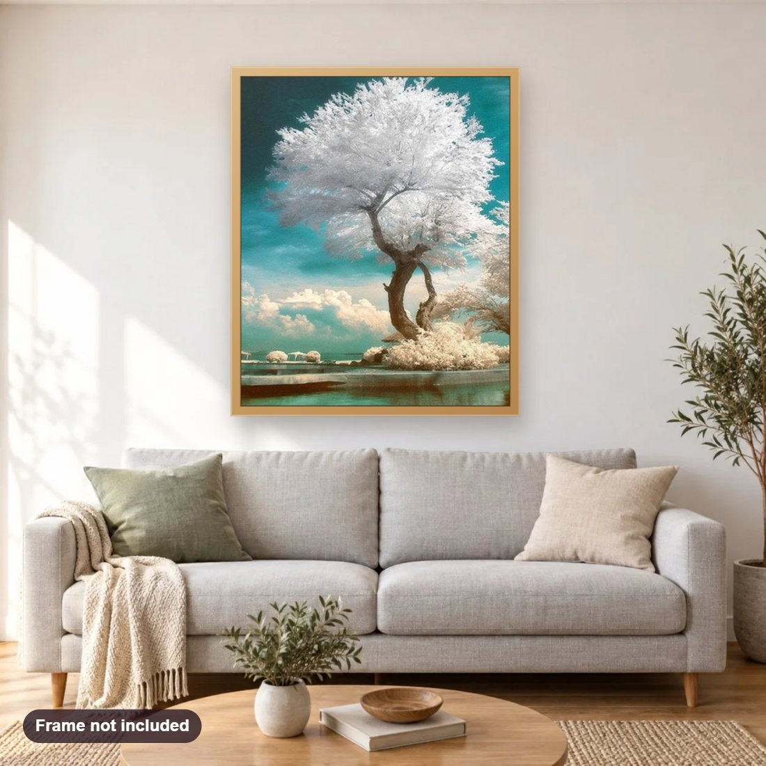 Beautiful Tree with White Leaves diamond painting shown framed on a living room wall above a sofa