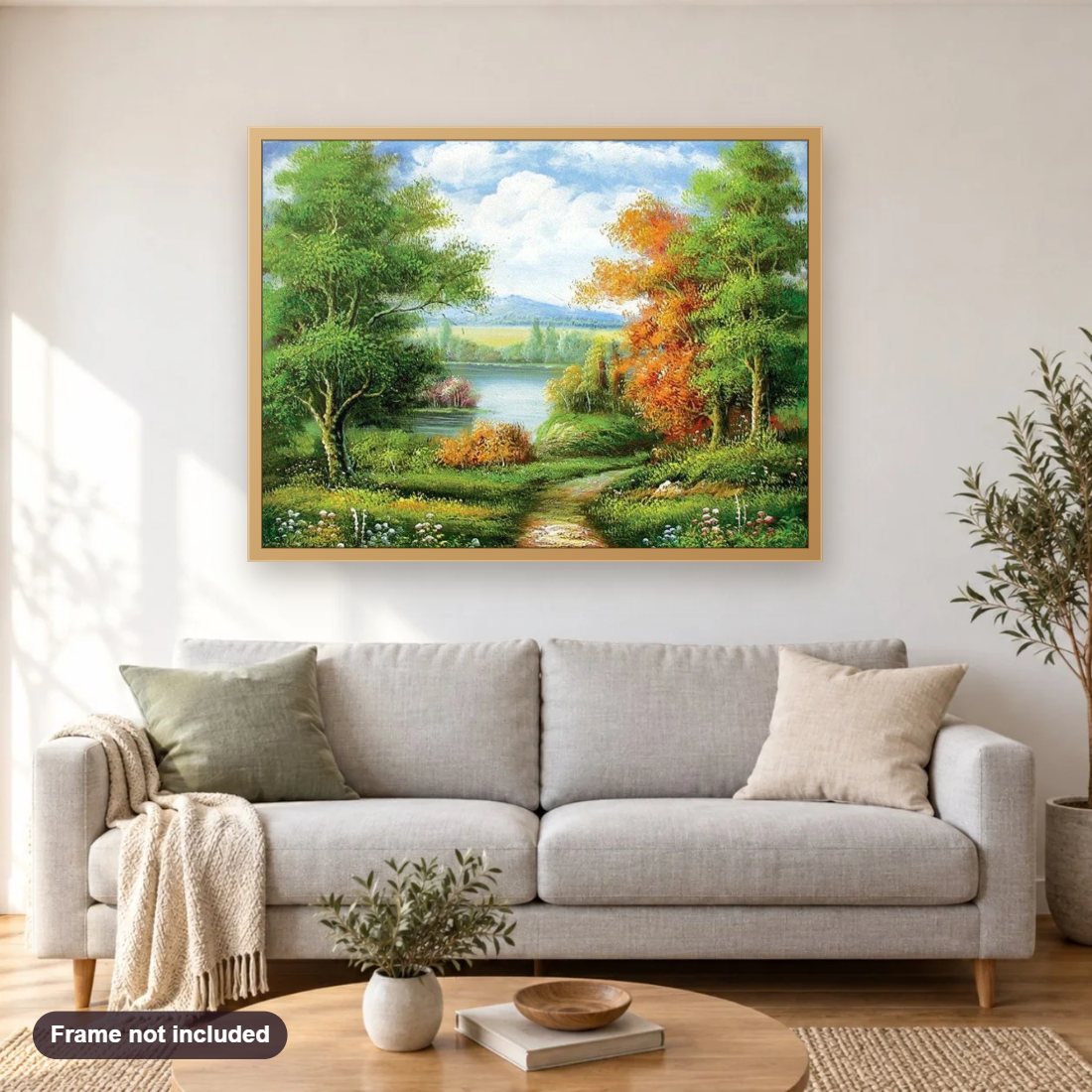 Beautiful Trees Along the Pathway diamond painting shown framed on a living room wall above a sofa