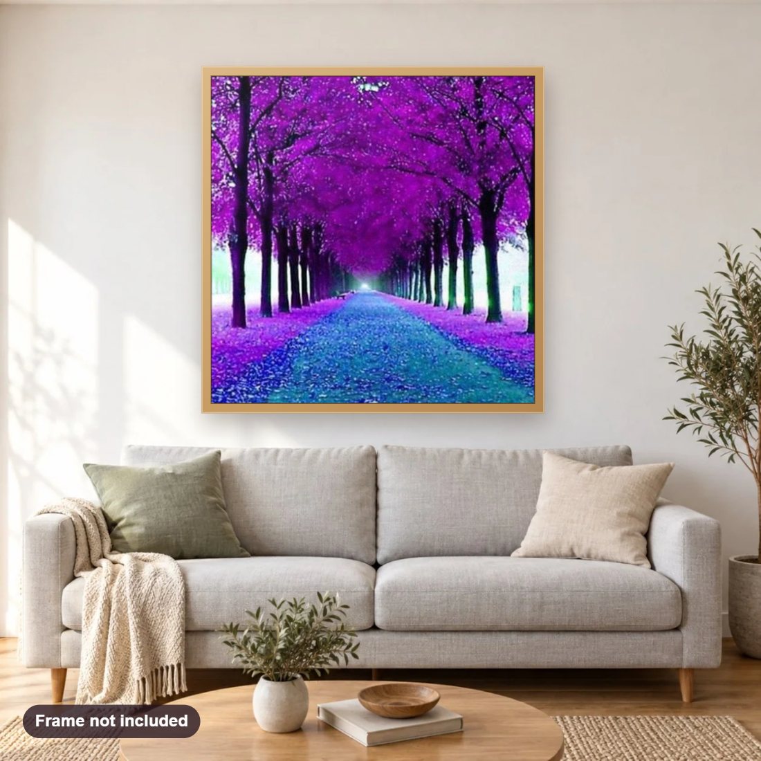Beautiful Trees Pathway diamond painting shown framed on a living room wall above a sofa