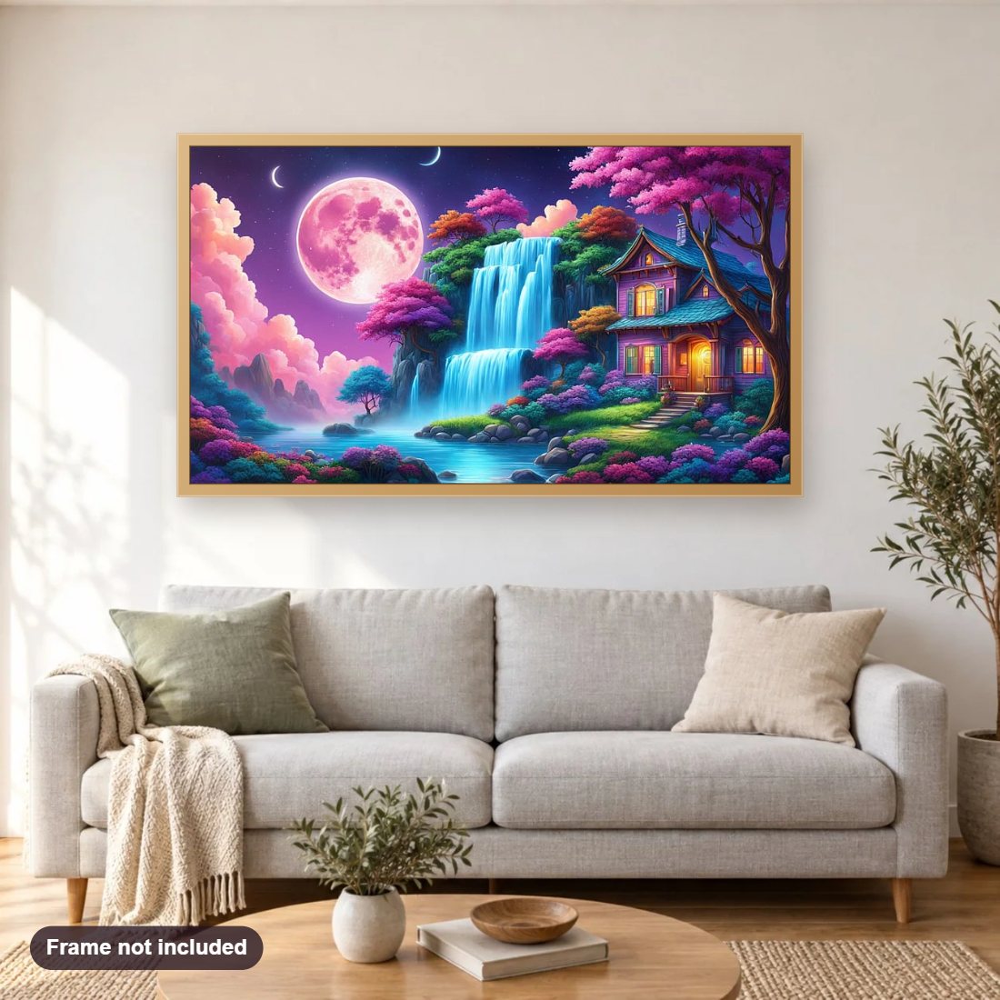 Beautiful House with a Waterfall diamond painting shown framed on a living room wall above a sofa