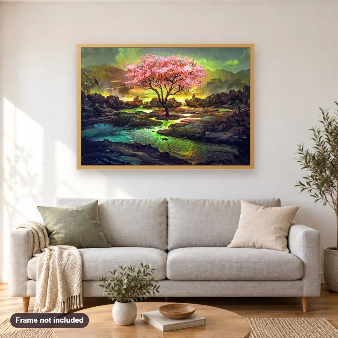 Beauty Blossoms diamond painting shown framed on a living room wall above a sofa