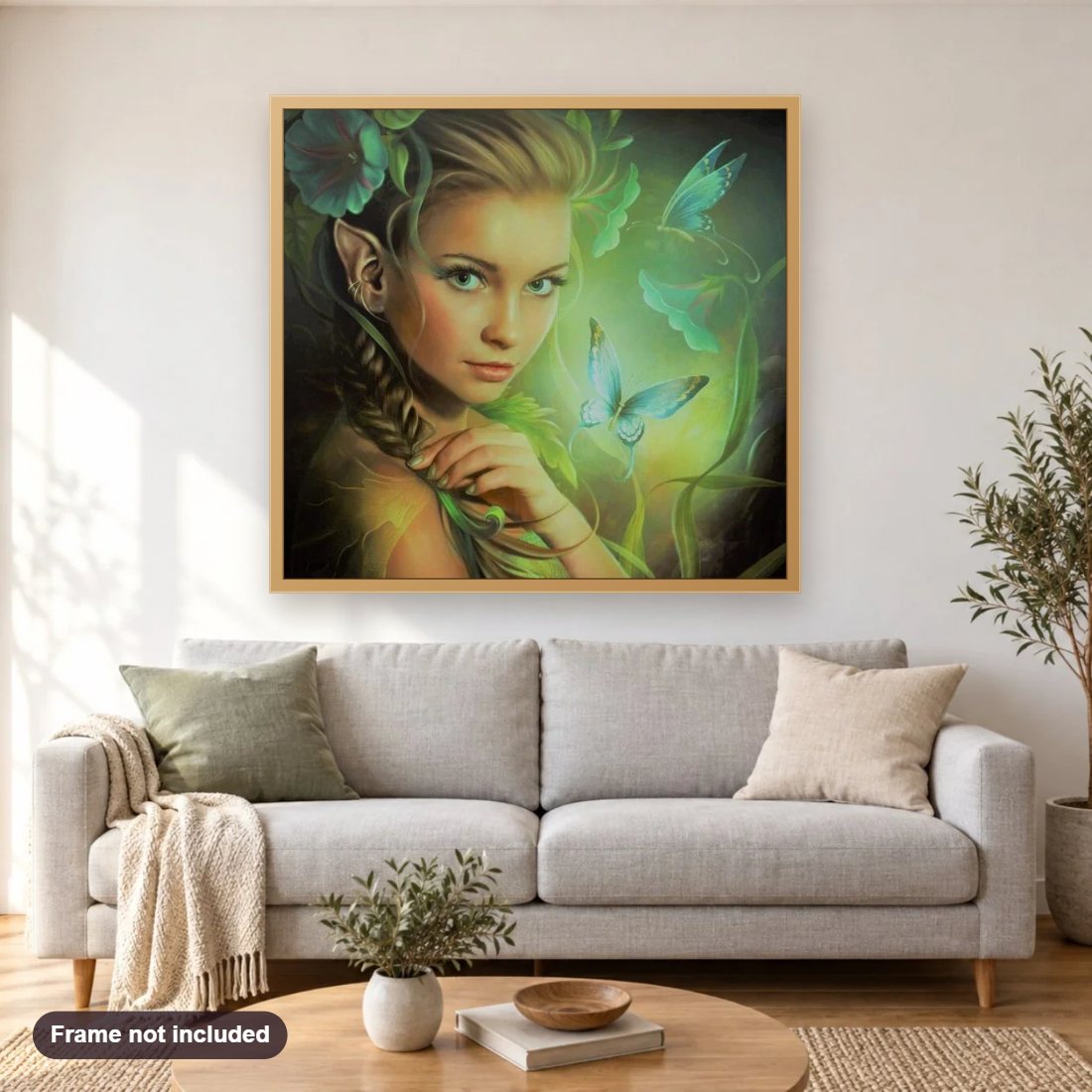 Beauty & Butterflies diamond painting shown framed on a living room wall above a sofa