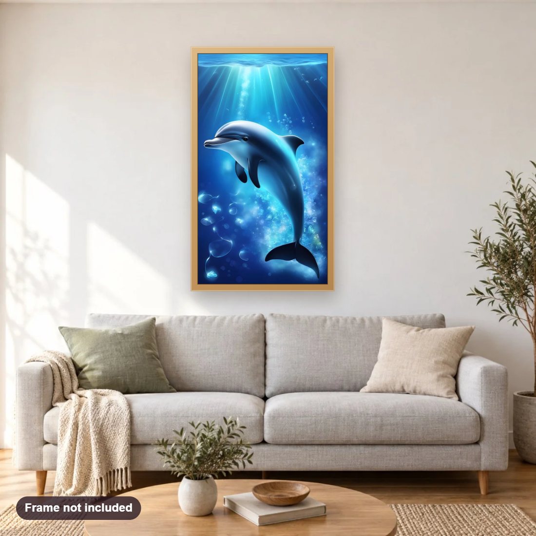 Beauty of a Graceful Dolphin diamond painting shown framed on a living room wall above a sofa