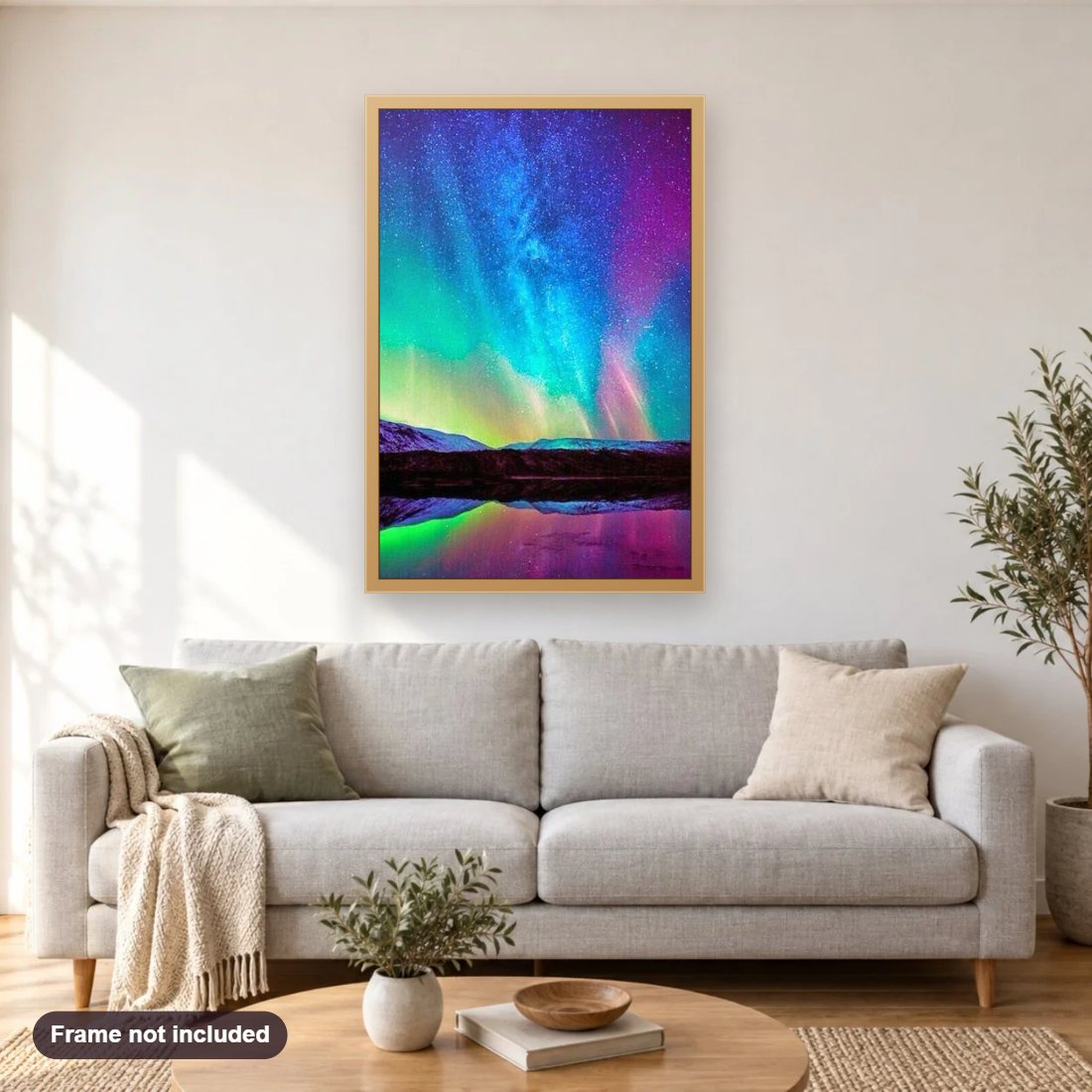 Beauty of Aurora Australis diamond painting shown framed on a living room wall above a sofa