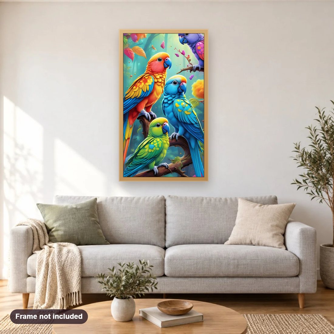 Beauty of Parrots on Branches diamond painting shown framed on a living room wall above a sofa