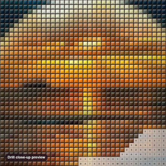 Close-up preview of the Beauty of Setting Sun diamond painting with square 5D drills and printed canvas symbols