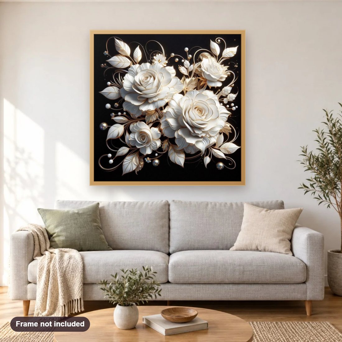 Beauty of White Flowers diamond painting shown framed on a living room wall above a sofa