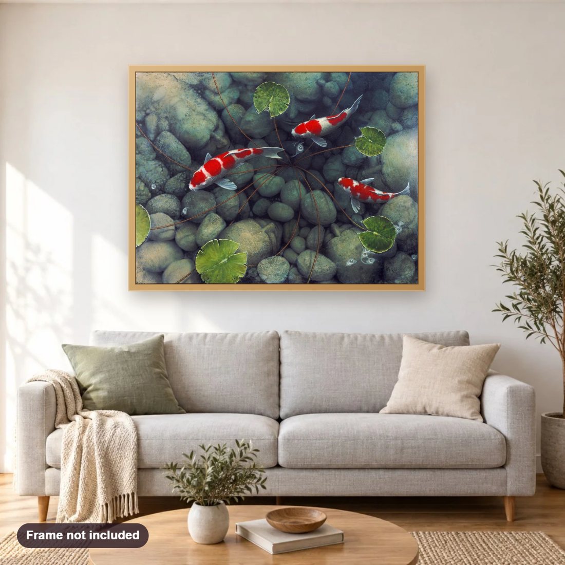 BEHOLDERS diamond painting shown framed on a living room wall above a sofa