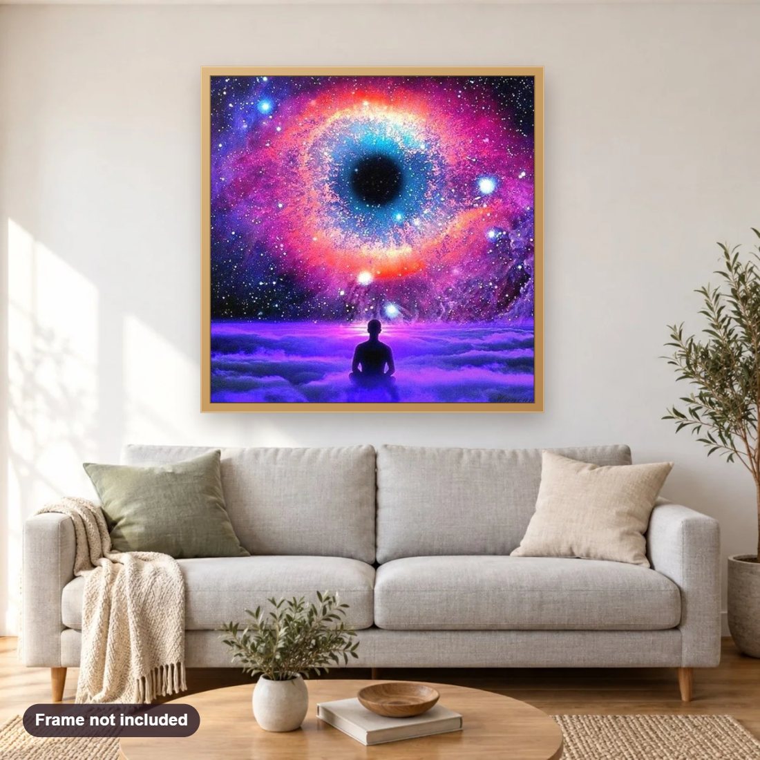 Believe in the Universe diamond painting shown framed on a living room wall above a sofa