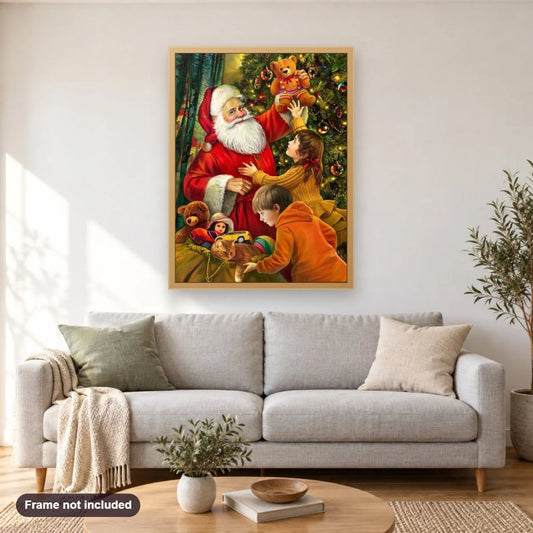 Best Time to Give Christmas Gifts diamond painting shown framed on a living room wall above a sofa