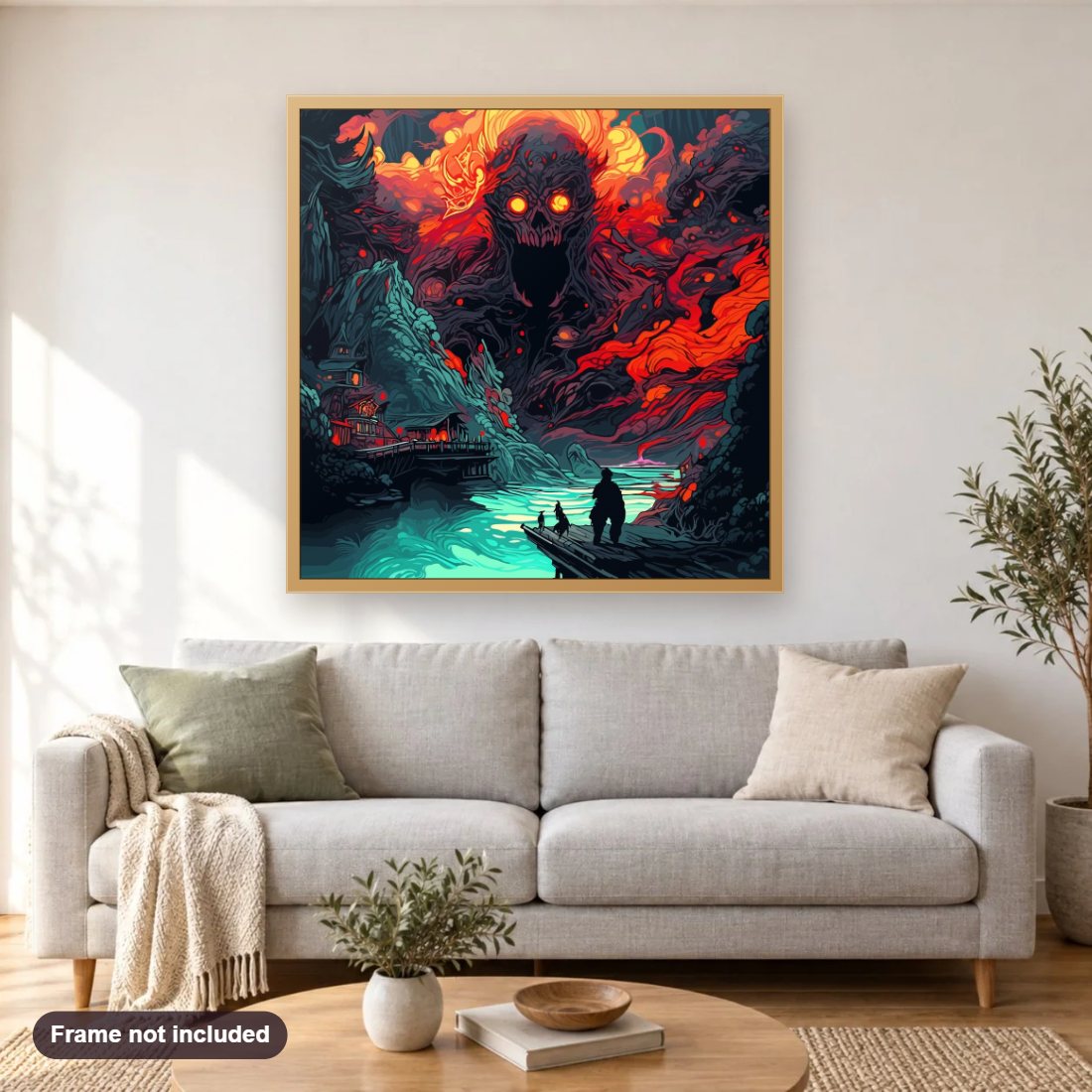 Beware of the Devil diamond painting shown framed on a living room wall above a sofa