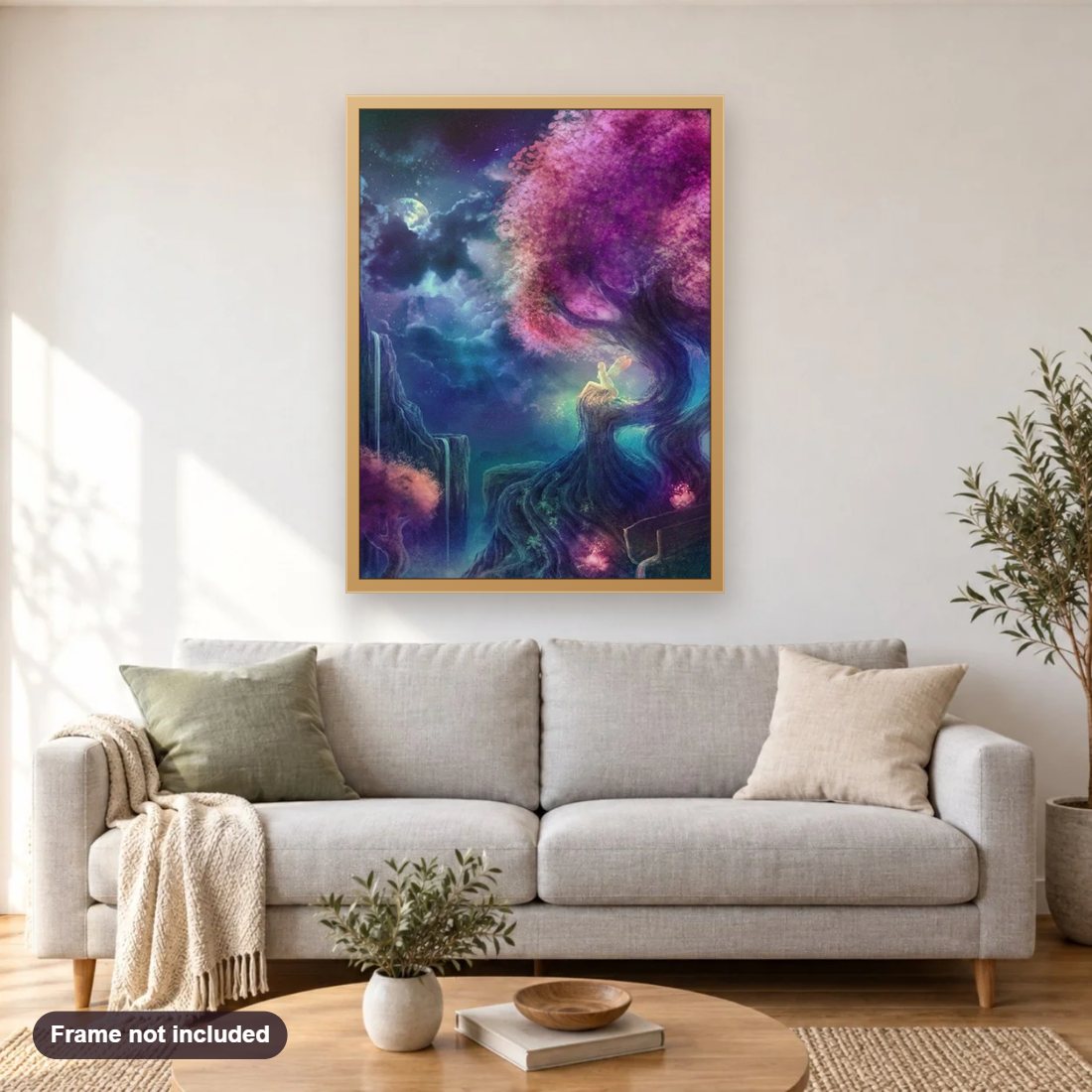 Beyond This World diamond painting shown framed on a living room wall above a sofa